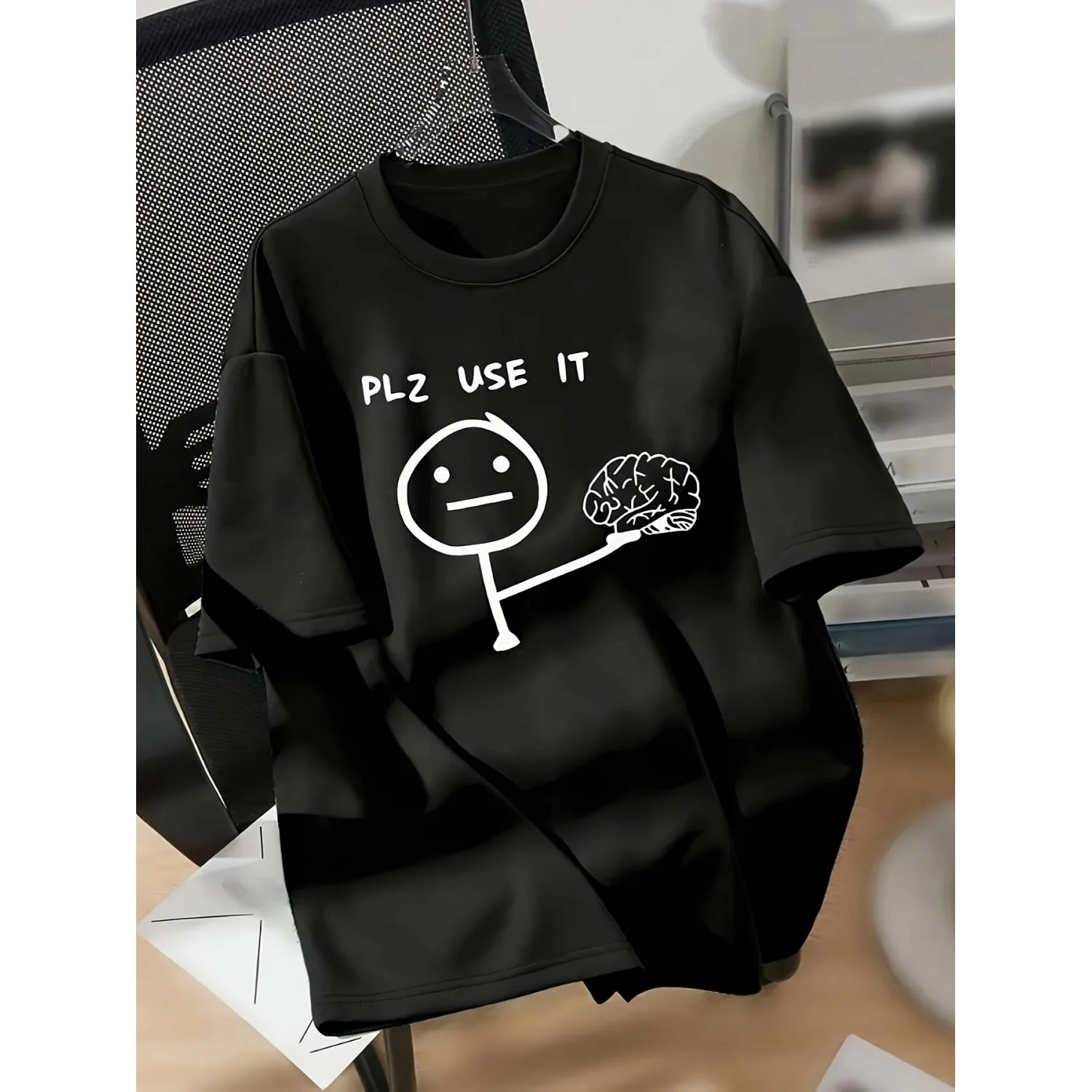 

_PLZ USE IT_ Funny Stick Figure & Brain Design T-Shirt 100% Cotton O-Neck Short Sleeve Summer Casual Mens T-shirt Streetwear S чёрный