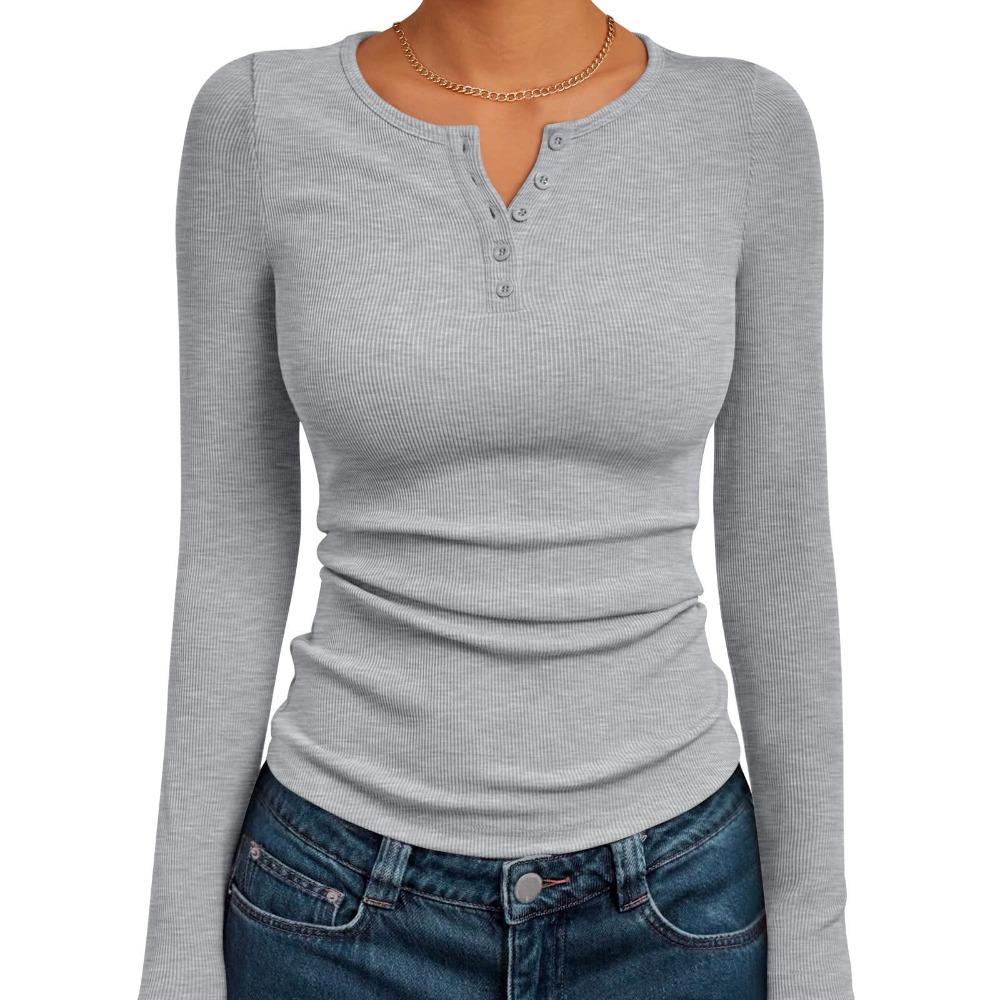 Women's Ribbed Henley Button Long Sleeve Cropped Slim Fit Casual Basic Tee Top