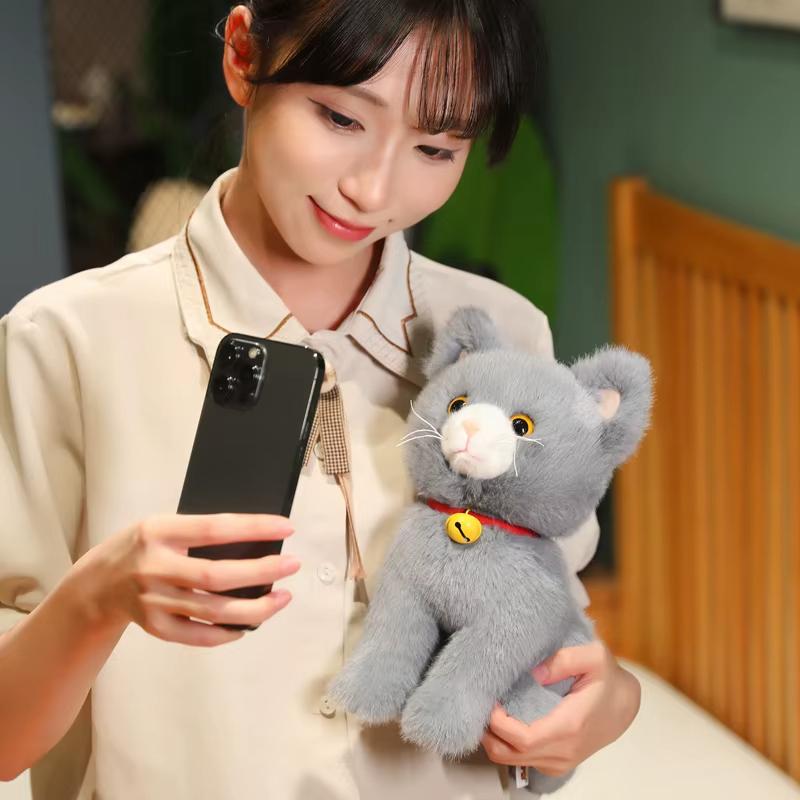 27cm Cartoon Black and Gray Cat Wear Collar Bell Plush Toy Stuffed Animal Dolls Children Toys Gifts Halloween Gifts Toys for Kid