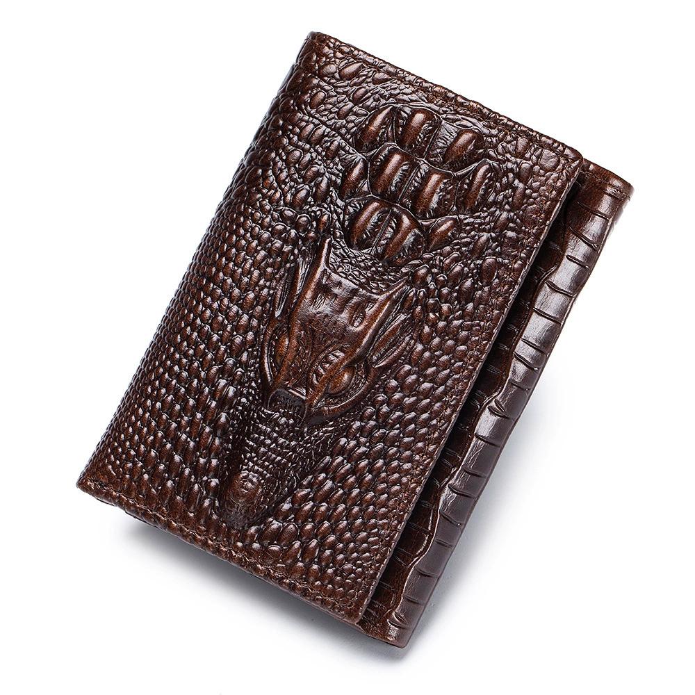 LAOSHIZI Vintage Men's Genuine Leather Crocodile-Embossed Wallet RFID Blocking Multi-Card Slots Photo Insert