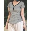 New Short Sleeved Stripes T-shirt Retro V-neck Slim Fit Casual Summer Blouse Fashion Elegany Simple Basic Tees Shirts Buttons Simple Clothing