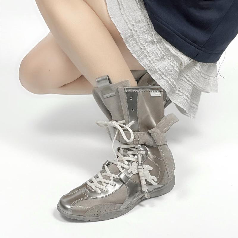 Cowhide version Fashion color matching thick-soled boxing boots women's straps inner height increase medium tube thick-soled Martin boots short boots