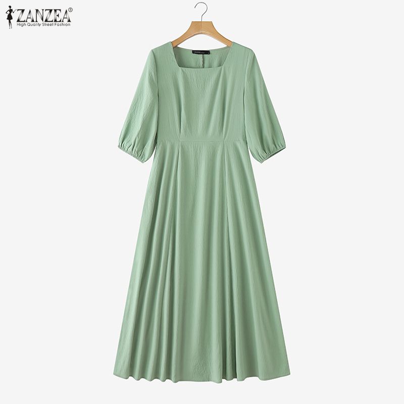 ZANZEA Women Casual Square Collar Summer 3/4 Sleeve Dress