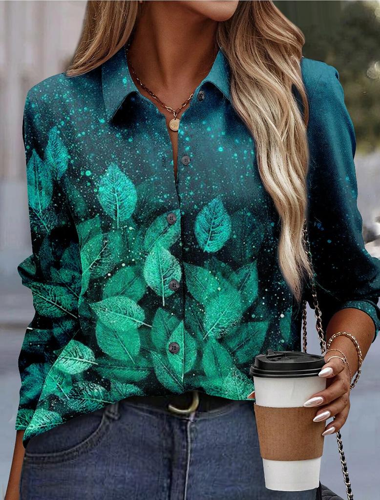 Funny Ladies Clothing Casual Long Sleeve Shirt V Neck Loose Spring and Autumn Green Chain Print Loose Plus Size Womens Shirt