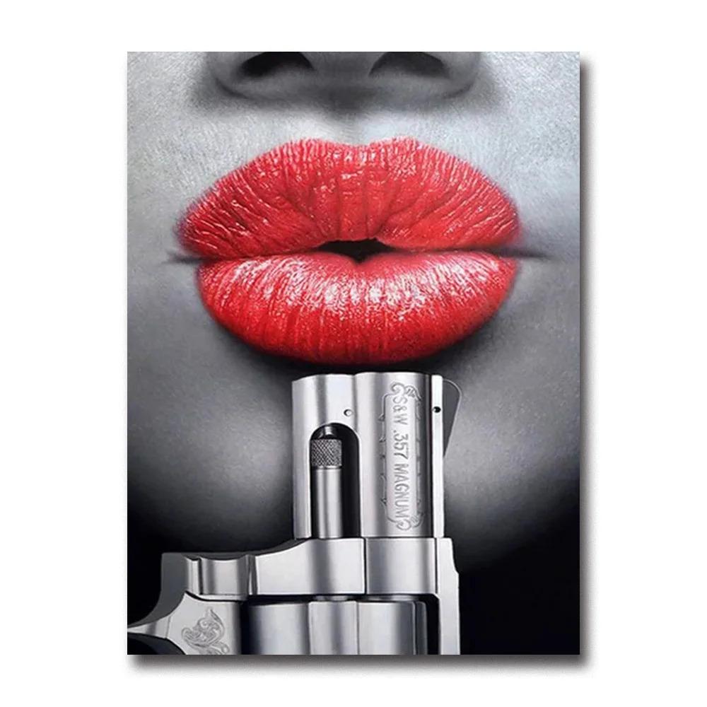 

Sexy Woman Red Lips Money Rose Wall Art Posters Modern Home Living Room Bedroom Decorative Canvas Painting Picture Print Artwork 20x30cm