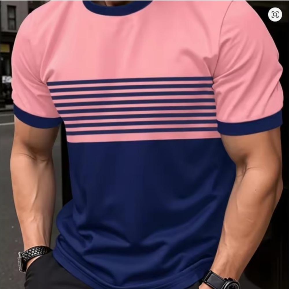 Oversized T-shirt Men s T Shirt Summer Fashion Casual Round Neck Short Sleeve Top Striped Printed Men s Clothing T-shirt S розовый