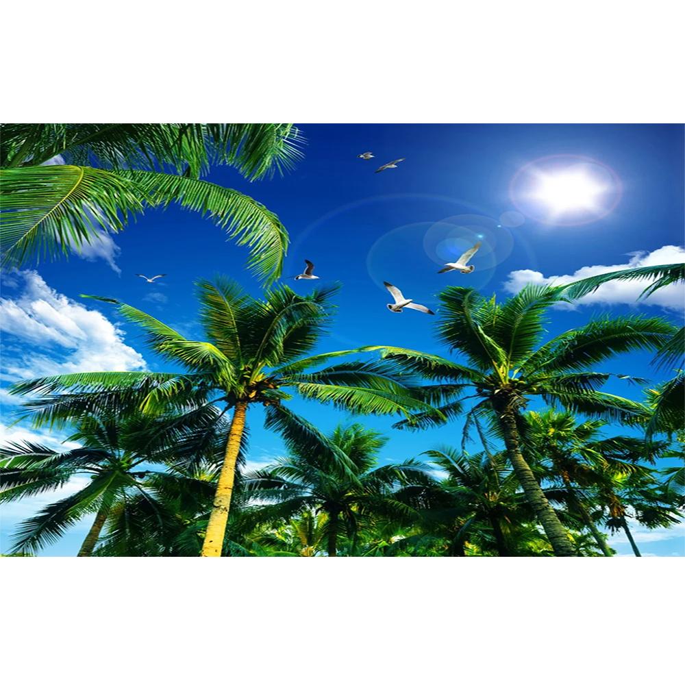 Tapet de Plafon Cer Albastru Nori Albi Cocotieri Pictură Murală Dormitor Living Tapet de Plafon