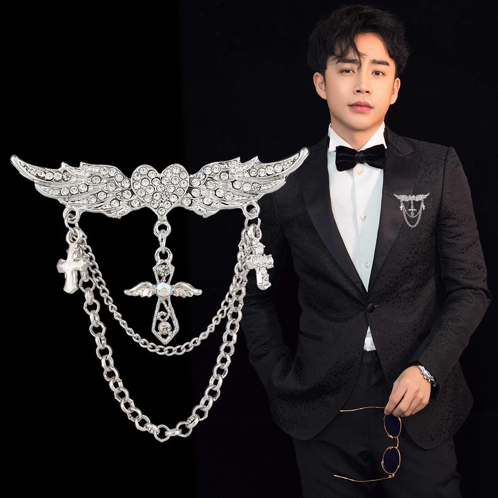 Men's Fashion Suit Brooch Simple Diamond Tassel Metal Wedding Dress Suit Brooch Collar Pin