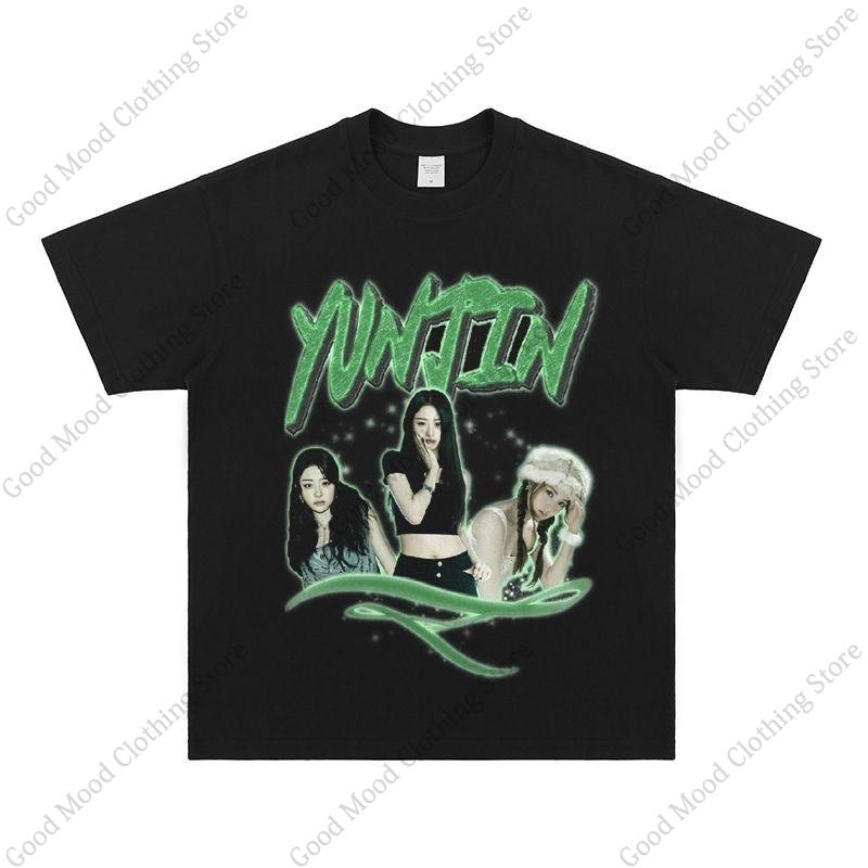 T-shirt Huh Yunjin Moda Kpop T-shirt con Stampa Retro Tendenza Street Unisex Donna Larga Cotone Morbido di Alta Qualità Maglietta a Maniche Corte Top
