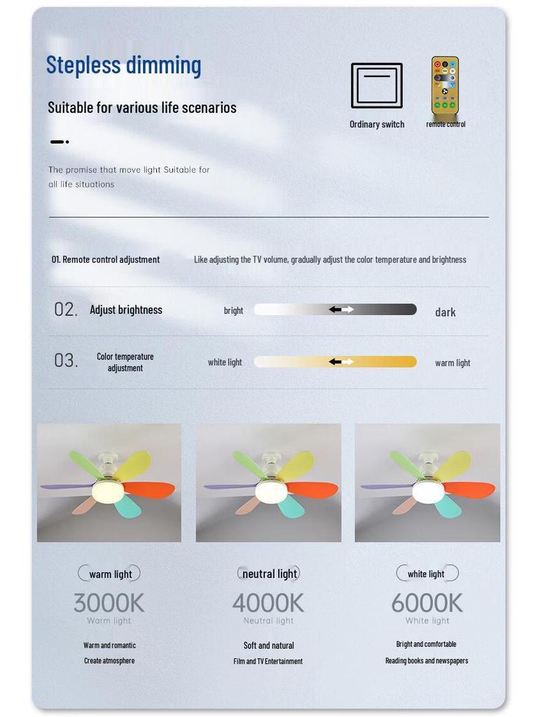 Silent E27 Ceiling Fan Light with Six Blades for Bedroom and Living Room