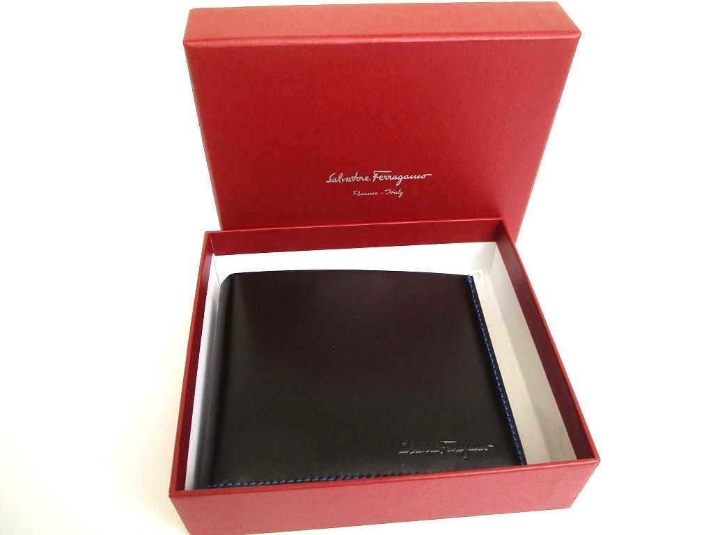 Authentic Salvatore Ferragamo Black Blue Leather Bifold Bill Wallet #b022  Open box