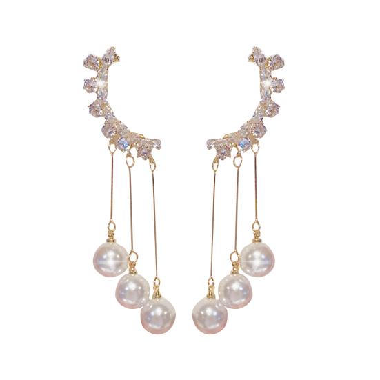 1 Pair Lady Dangle Earrings Imitation Pearl Rhinestone Durable Flower Tassel Luxury Drop Earrings