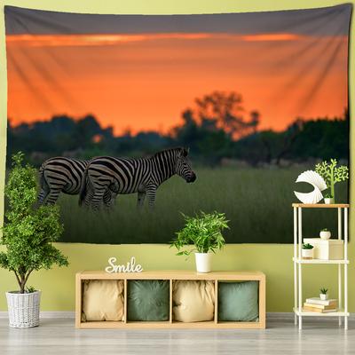 Tapiz de cebra al atardecer para colgar en la pared, diseño de dibujos animados de alce kawaii, sol, paisaje psicodélico bohemio, decoración de dormitorio