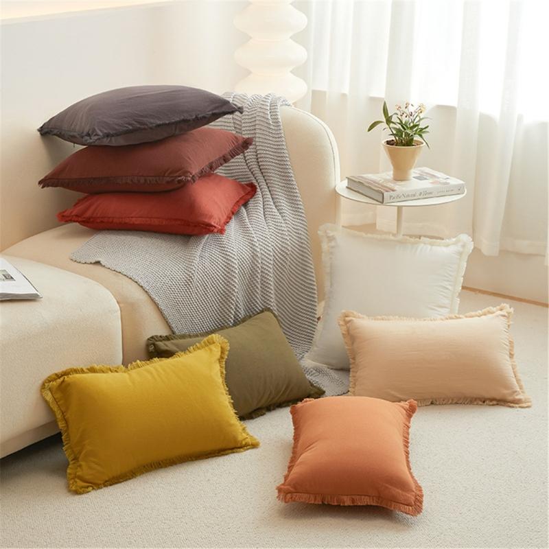 Solid Color Velvets Throw Pillow Case with Tassels Trim Bohemians Style for Living Room Decoration 18x18