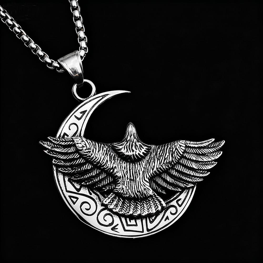 Mond und Fliegender Adler Anhänger Halskette Für Männer Frauen Retro Hiphop Silber Edelstahl Kasten Kette Hippie Schmuck