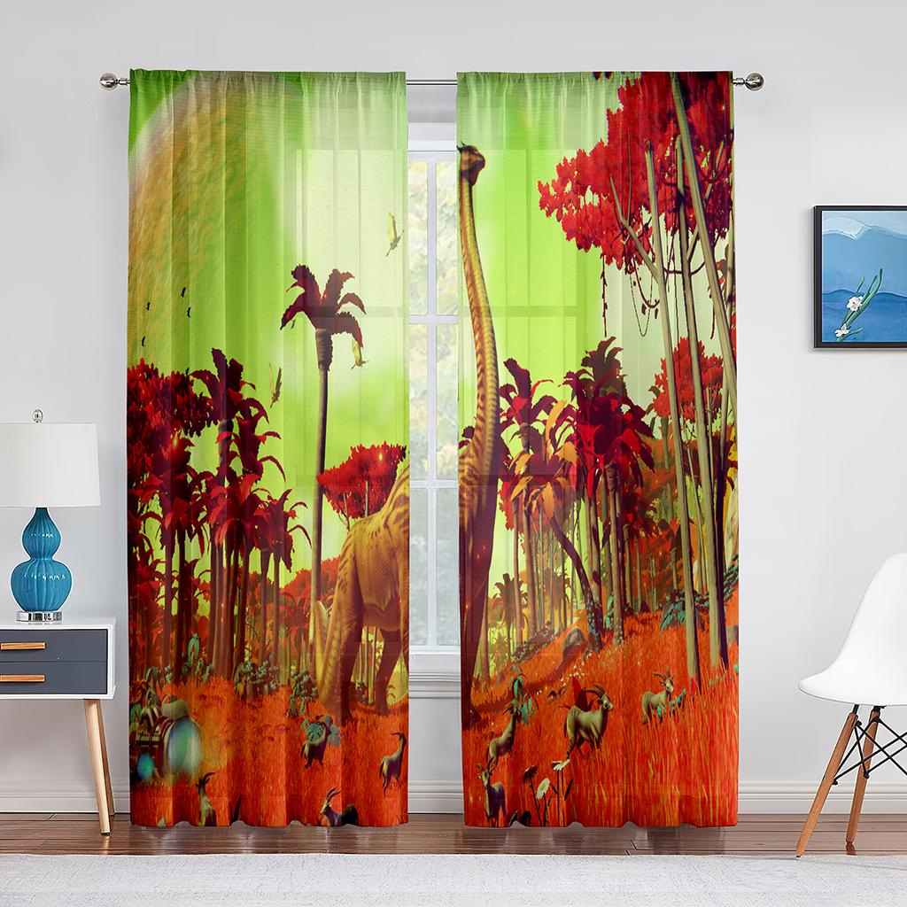 Jurassic Animals Jungle Dinosaur Trees Pattern Sheer Curtain For Living Room Window Children Bedroom Decor Tulle Voile Curtain