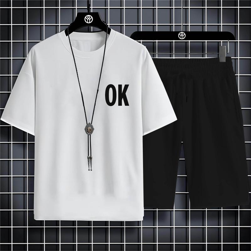 Summer Fashion Casual Sports Style Alphabet Ok Printed Men'S Round Neck Short Sleeve T-Shirt Drawstring Shorts Beach Suit