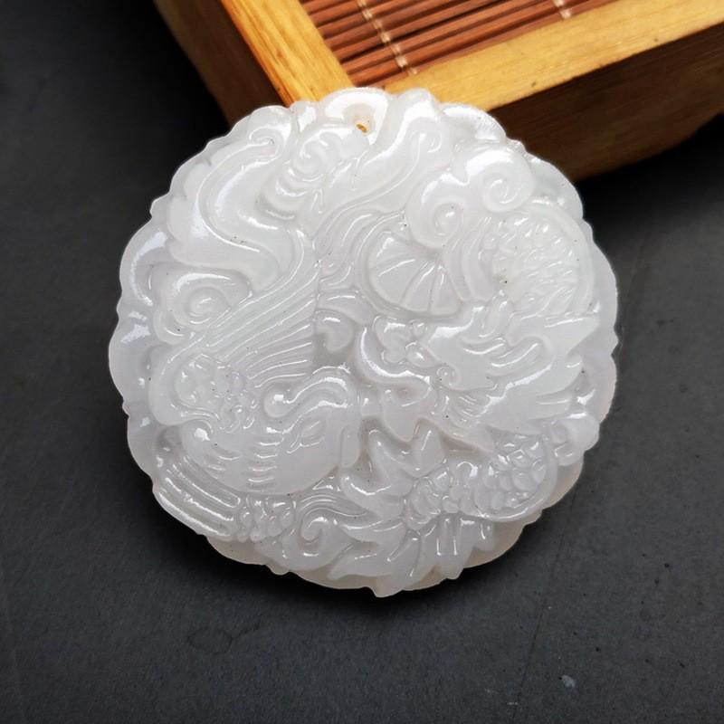 Afghanistan White Jade Dragon & Phoenix Pendant - Auspicious Five Blessings Necklace Gift