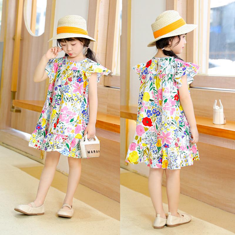 Oujitu Girls' Lace Sleeve Cotton A-line Skirt Dress with Cartoon Print - Spring Children's Clothing