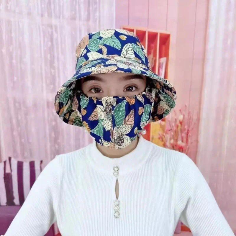 

Sun Mask Hat Integrated Sun Hat Female UV Protection Wind-Proof Cap 2024 New Arrival Outdoor Summer Sun Hat Blue floral [Best Selling]]