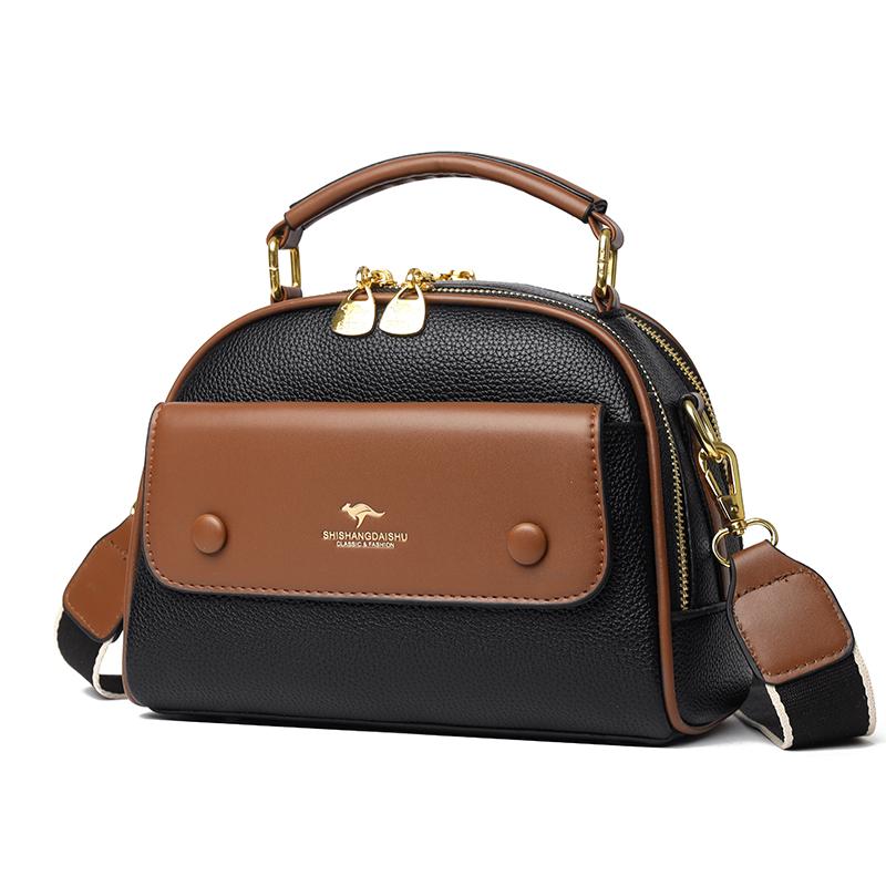 Women's PU leather top handle crossbody bag with multiple pockets, stylish contrasting color matching, and simple shoulder bag