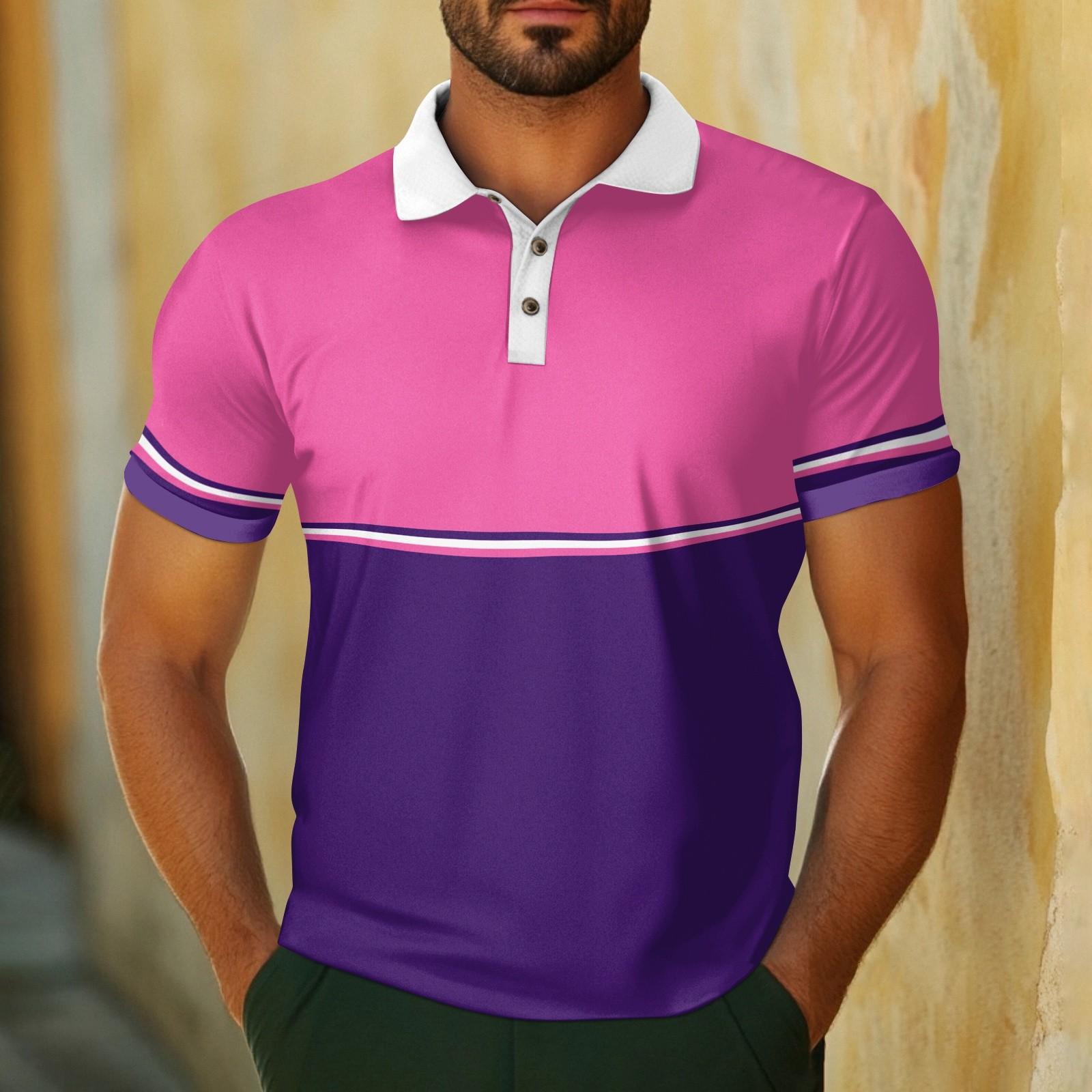 

Men s Casual Breathable Short Sleeve Striped Plaid Printed Shirt M гарячі рожевого кольору