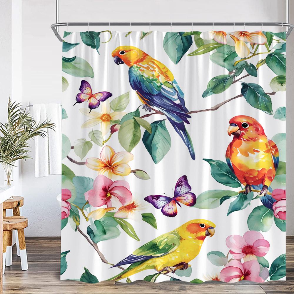 Bird Cartoon Shower Curtain Oil Painting Flower Leaf Tree Animal Print Spring Summer Bathroom Decor Modern Floral Bath Curtain
