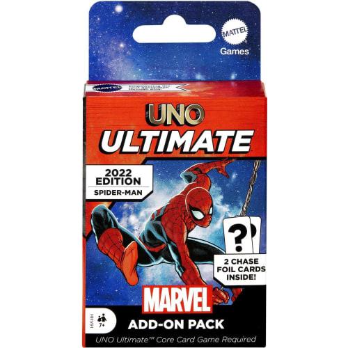 UNO Ultimate Marvel Card Game Add-On Pack with Spider-Man Character Deck & 2 Collectible Foil Cards, Collectible Gift for Kids, Ages 7+