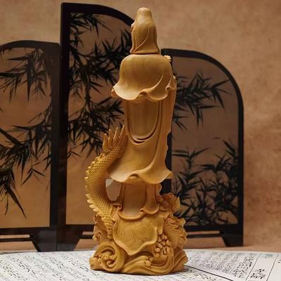 Natural Wood Dragon Guanyin Buddha Statue, Traditional Hand-carved  Chinese Buddhist Figures Home Living Room Feng Shui Statue