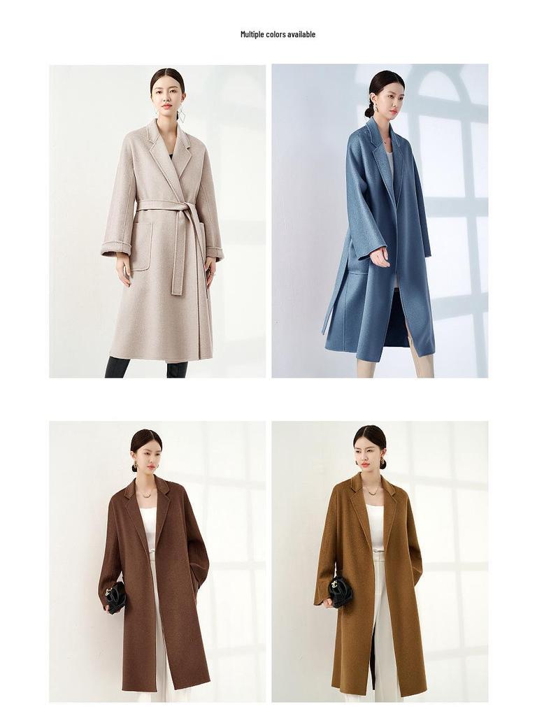 100% Pure Cashmere Water Ripple Double-Faced Wool Coat with Belt - Women's Outerwear