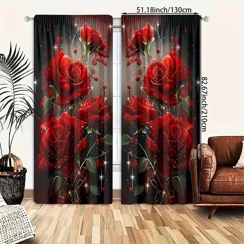 Romantyczne Zasłony z Nadrukiem Róż Pokrowiec na Karnisz Dekoracja Sypialni Salonu Dom Boże Narodzenie Wykonane z Poliestru Dekoracja Pomieszczenia