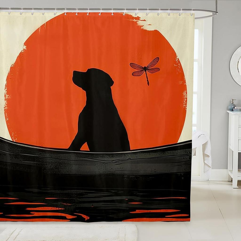 Cartoon Black Cat Shower Curtain Retro Pink Cherry Blossom Wild Flowers Bathroom Curtain Kids Teens Adults Cute Animal Vintage
