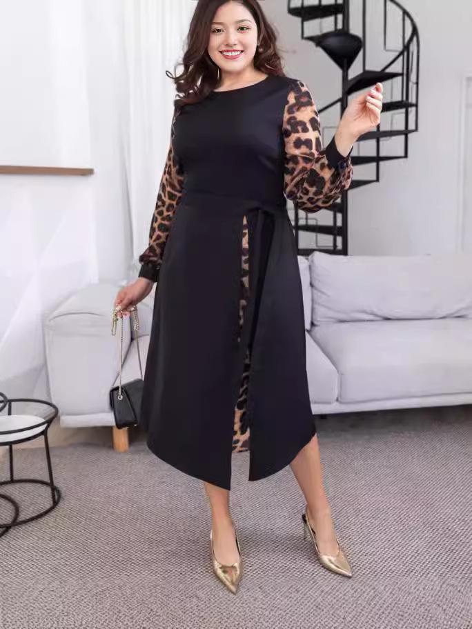 

Elegant Plus Size Long Sleeve Printed Patchwork Dress 5XL