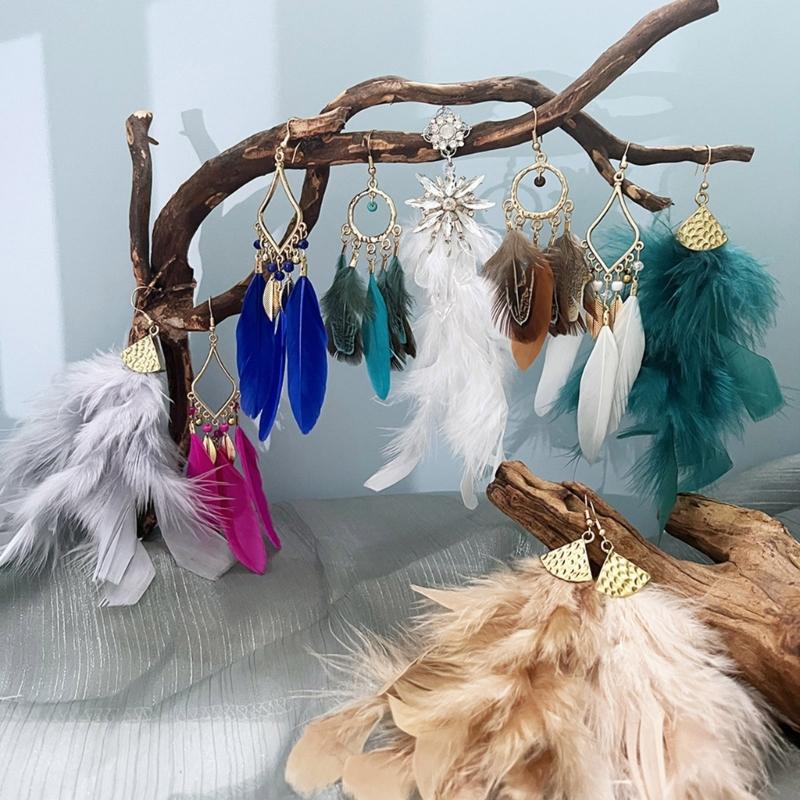 Handmade Bohemian Feather Earrings User Friendly Materials Lightweight Drop Ear Hooks Jewelry Gift