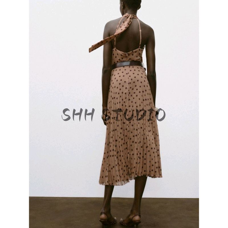 Autumn New Women's Clothing Small Pleated Open Back Design Polka Dot with Belt Midi Skirt Dress 8642802