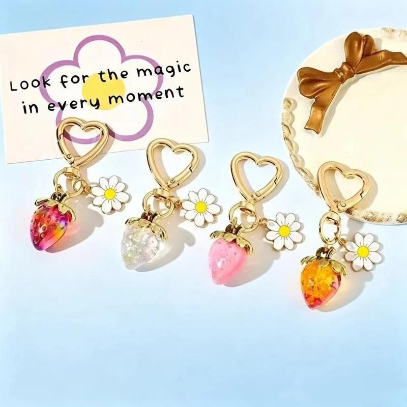 Cute Strawberry Heart Flower Keychain Bag Charms For Girls Purse Gifts Decor Accessories