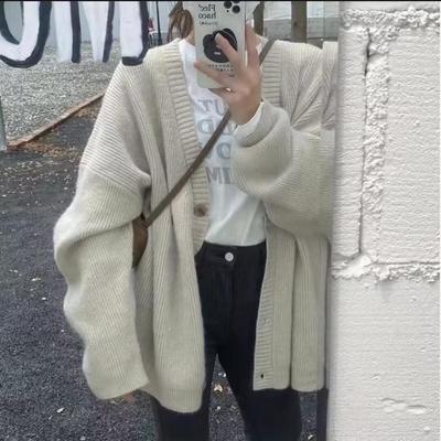 Cardigan Sweater Female 2023 Spring Knitted Cardigan Women Solid Soft Glutinous Loose Outerwear with Lazy V-Neck Sweater Coat