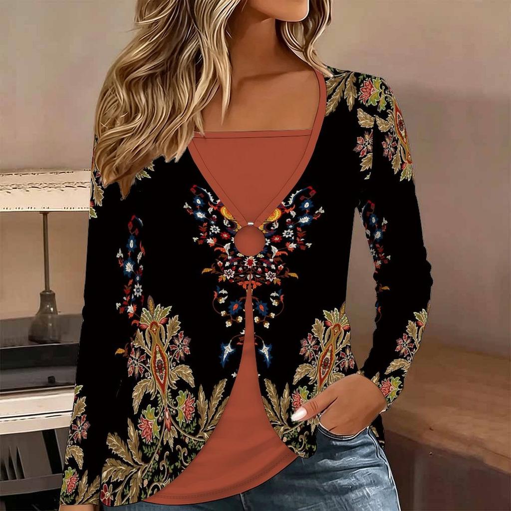 Tops for Women Floral Print Long Sleeve Fake Two‑Piece Top Fall Casual Slim Pullover Women's Long Sleeve Top