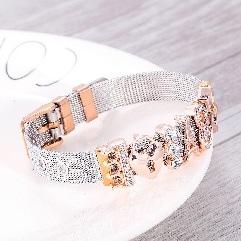 Wysokiej Jakości Bransoletka Siatkowa ze Stali Nierdzewnej w Kolorze Różowego Złota Charmsy Love Lock Delikatna Bransoletka Europejskie Akcesoria do Zegarka Damskiego