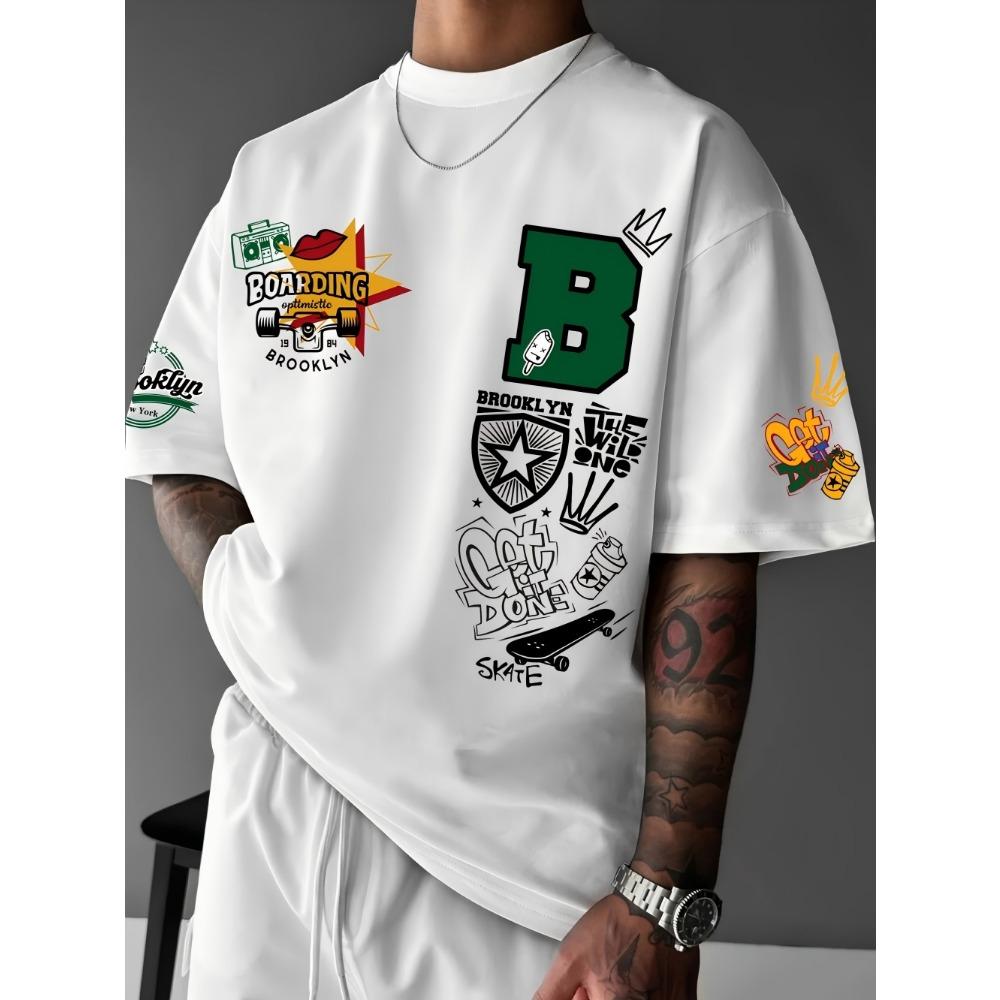 Men's Summer Brooklyn Design Letter Printed Breathable Round Neck T-shirt Outdoor Street Style Top