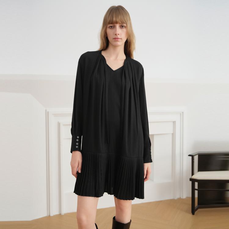 ELLE Solid Color Loose Mid-Length Wool Long Sleeve Dress Women dresses Black L7ALS041
