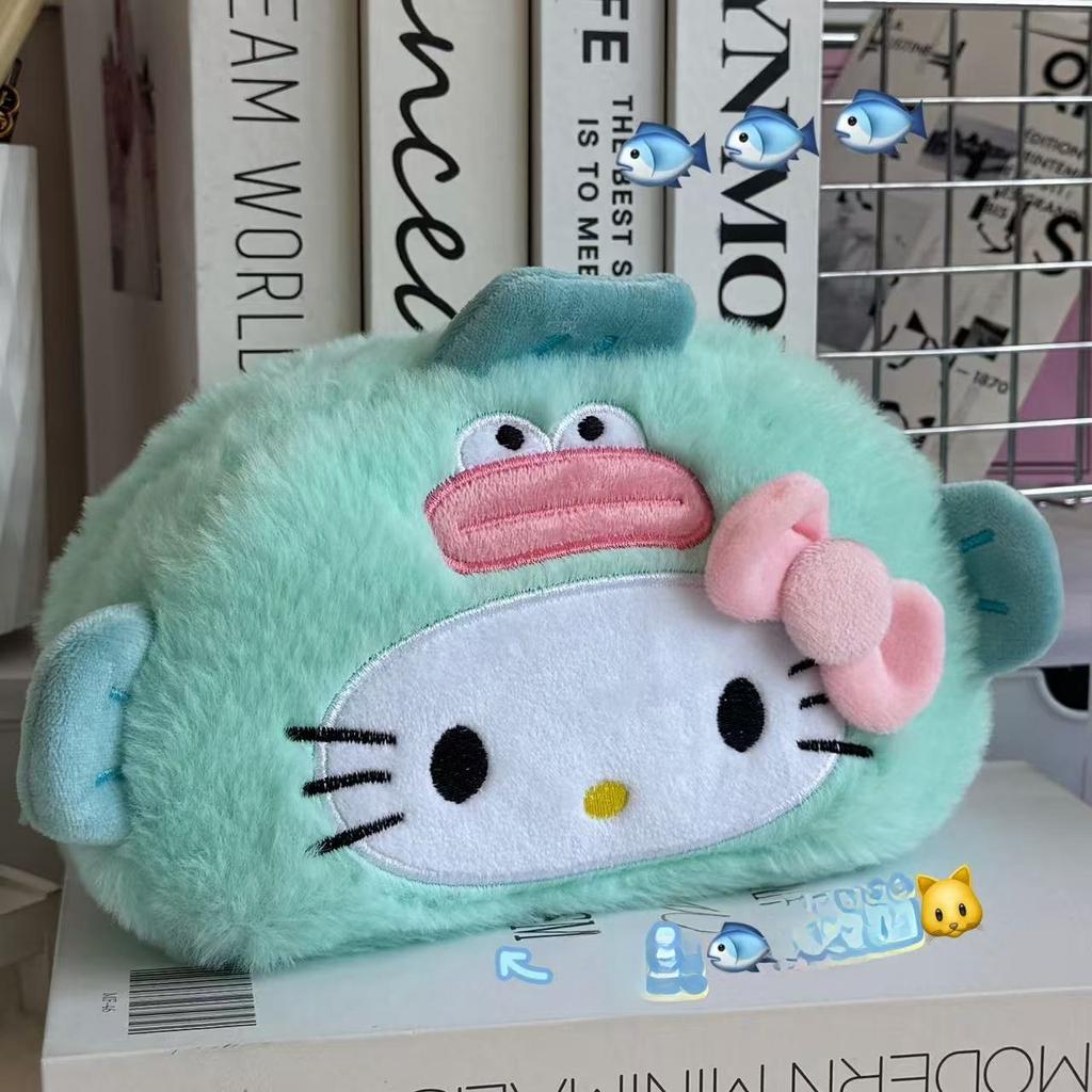 Cute Disguised Hello Kitty Plush Pencil Case Panda Capybara Cartoon Large Capacity Student Stationery Storage Bag High-Value Plu