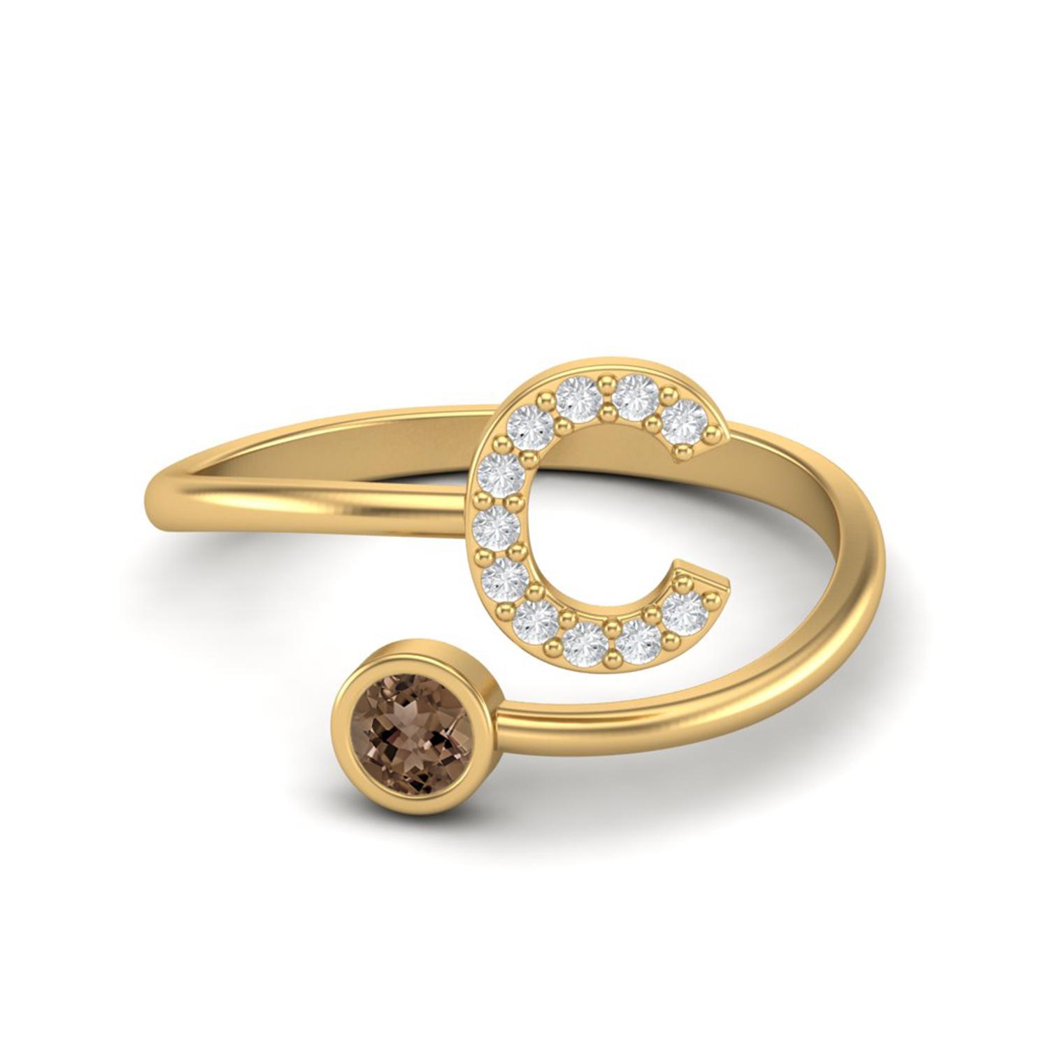 Capital C Initial Letter 3MM Round Smoky Quartz 925 Sterling Silver Gold Vermeil Women Adjustable Wedding Ring 6