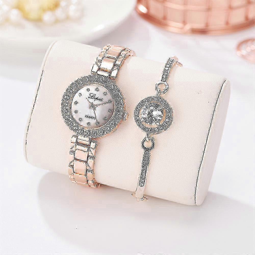 Women's Fashion Diamond Watch and Bracelet Two-Piece Set, Simple Quartz Watch Set, Rose Gold