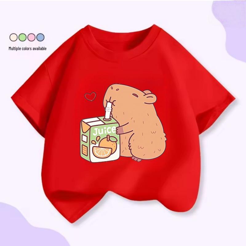 Unisex Kids’ Cute Capybara Milk Tea Cartoon T-Shirt - Loose Summer Casual Short Sleeve Top
