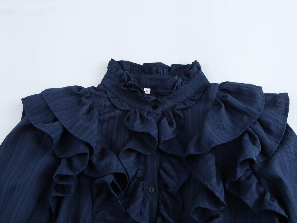 European and American Style, New Women's Clothing, Fashionable and Versatile Temperament, Textured Ruffle Edge Horn Sleeve Shirt