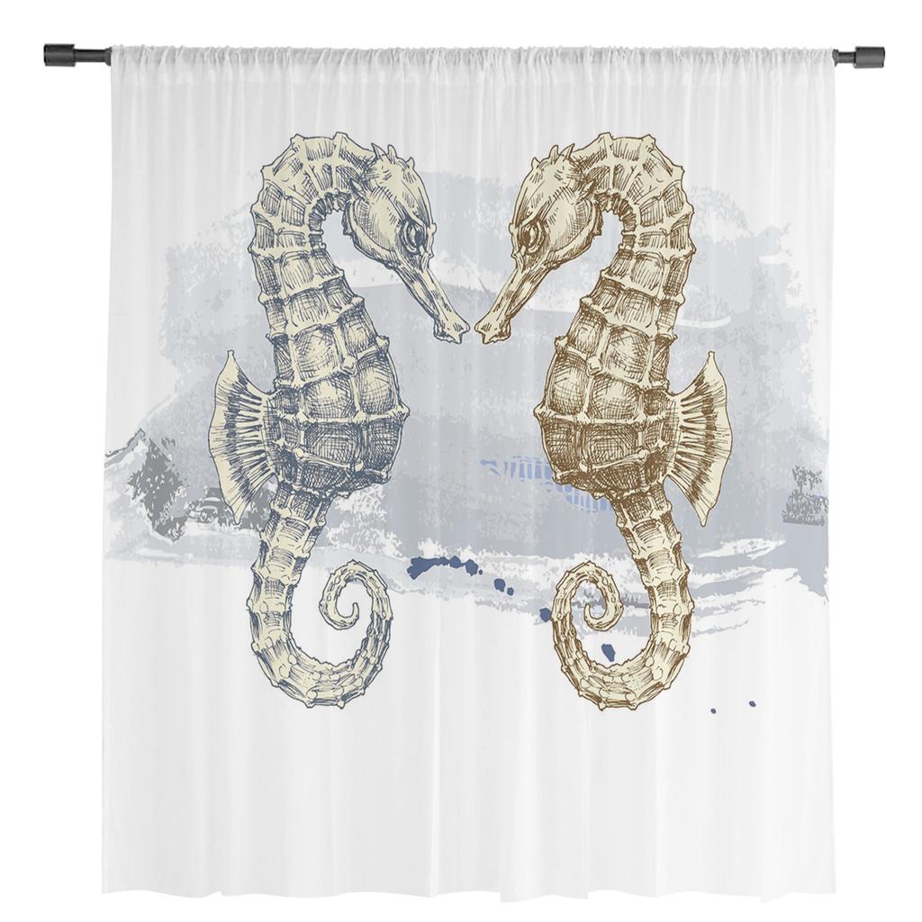 Marint liv Två sjöhästar Skira gardiner för vardagsrum Voilegardin Sovrum Badrum Tyllgardiner Fönsterdraperier