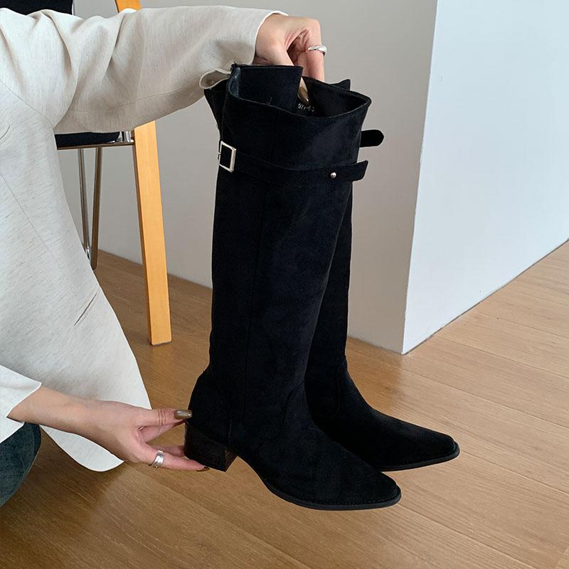 

Мода Мода Плиссированные Женские Сапоги до Колена на Каблуках Обувь Острый Носок Женские Современные Длинные Сапоги Женская Обувь Слипоны 35 чёрный