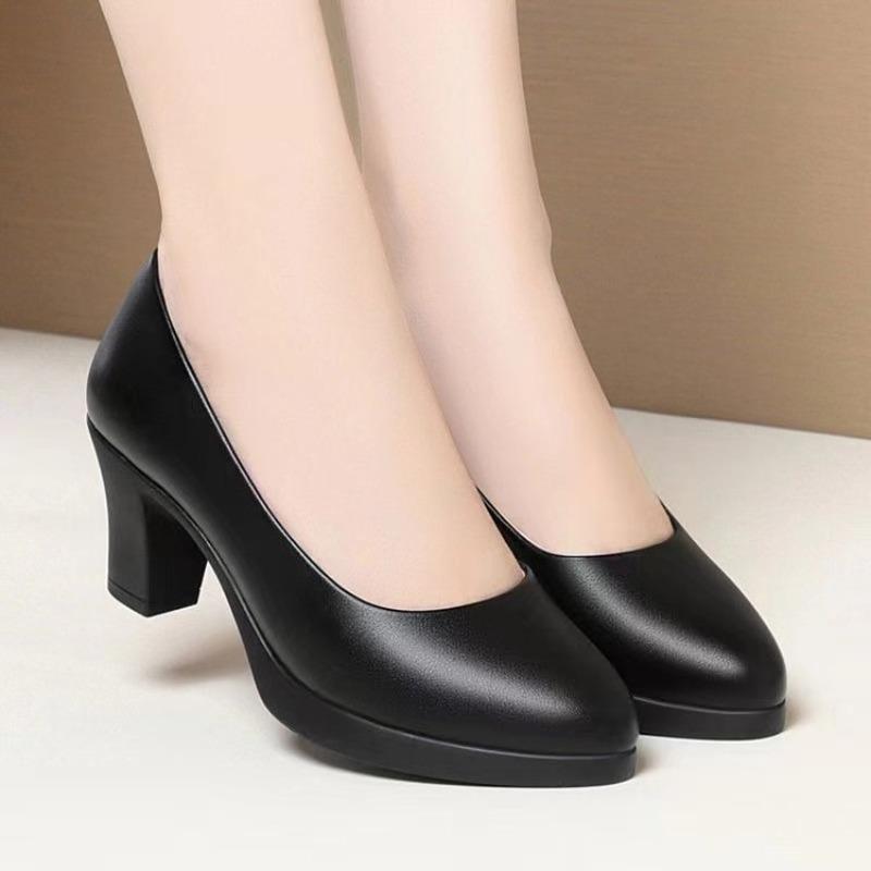 Autumn Black Women's Leather Shoes Soft Leather Soft Sole Comfortable Work Shoes Women's High Heels Work Dress Single Shoes Women's Shoes