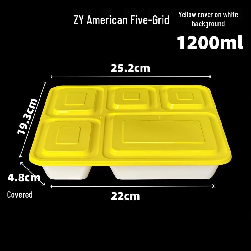Disposable Rectangular 5-Compartment Food Container with Lid